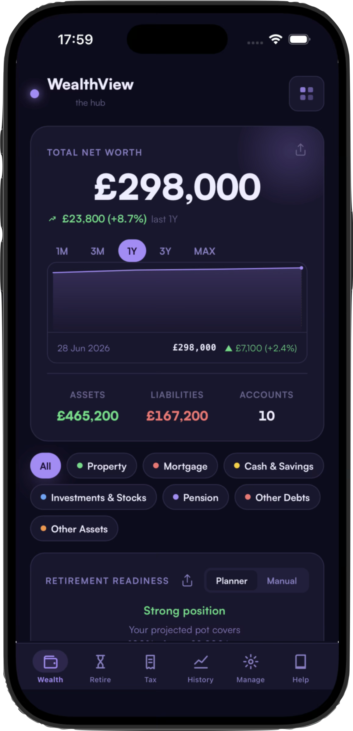 WealthView net-worth home screen